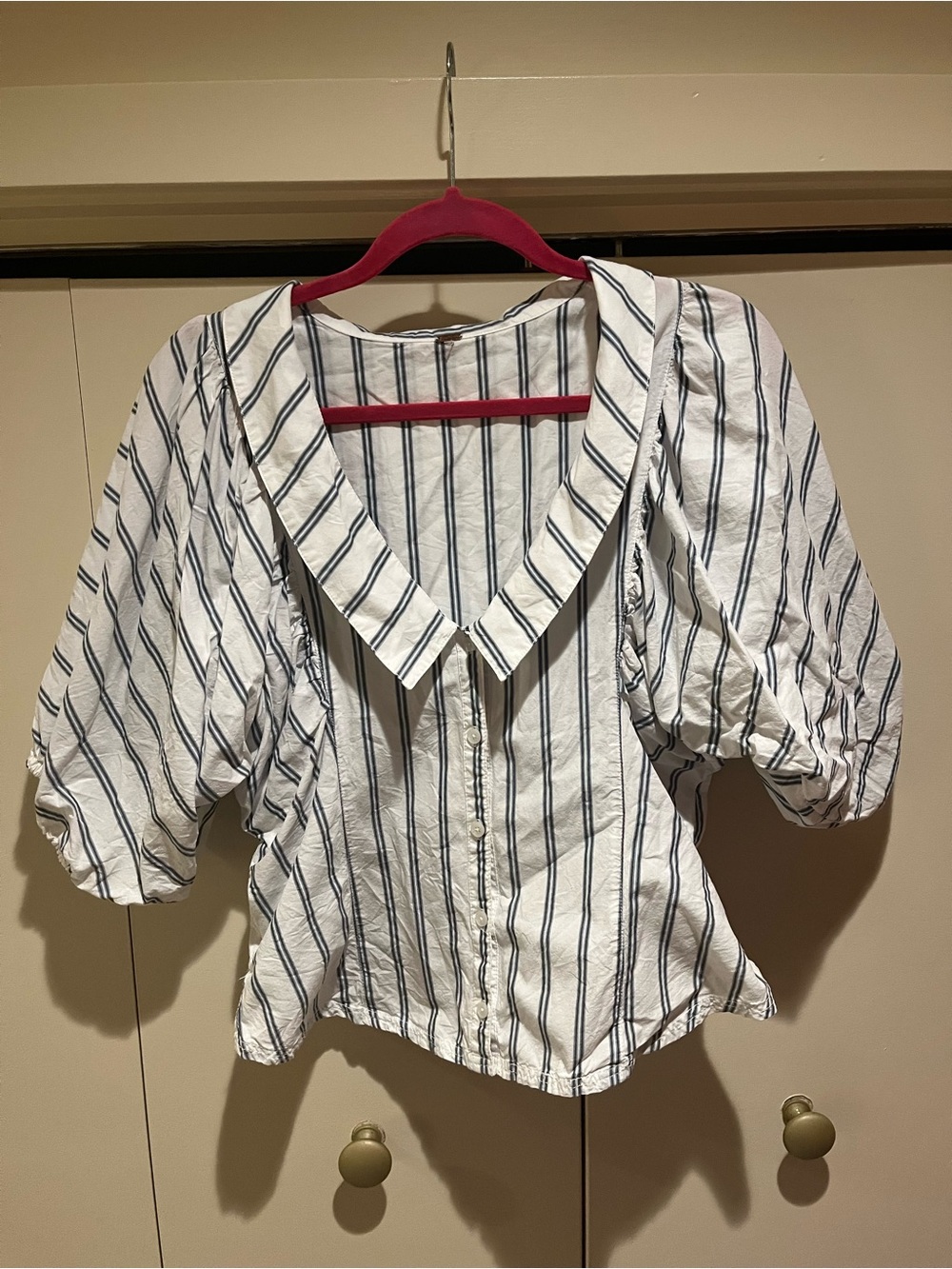 Free People White Button-Up Blouse with Navy Stripes and Puff Sleeves